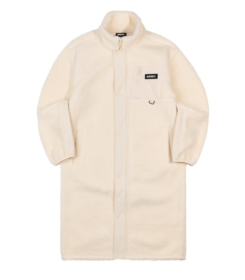 フリーススタンドネック ロング ジャケット クリーム / Fleece Stand Neck Long Jacket Cream - whoisnerdy jp