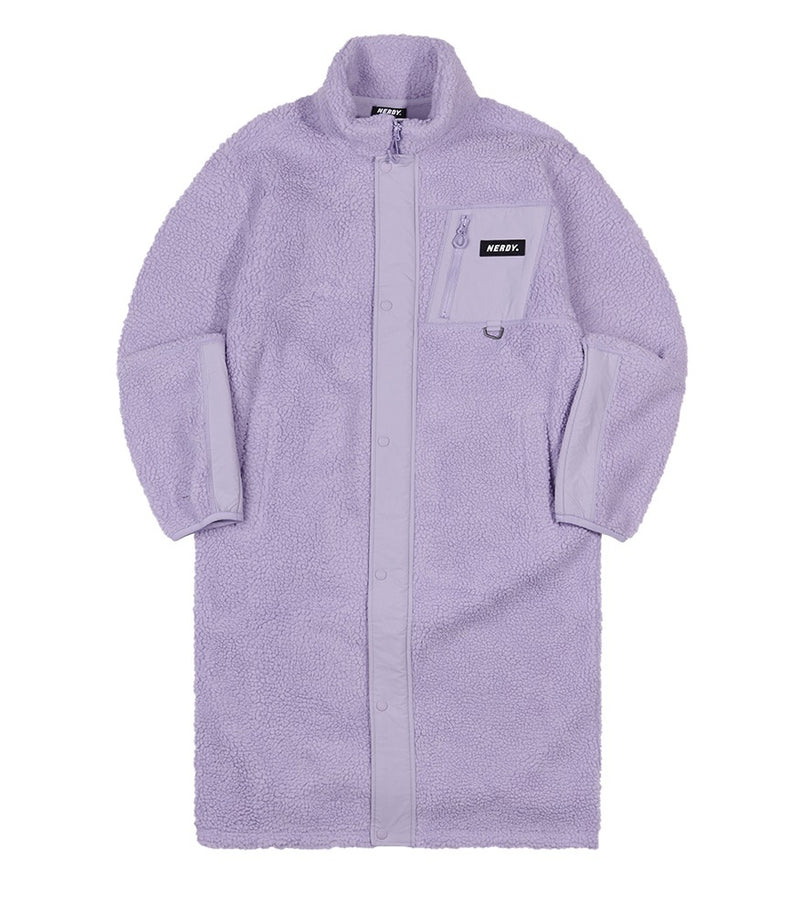 フリーススタンドネック ロング ジャケット ライトパープル / Fleece Stand Neck Long Jacket Light Purple - whoisnerdy jp